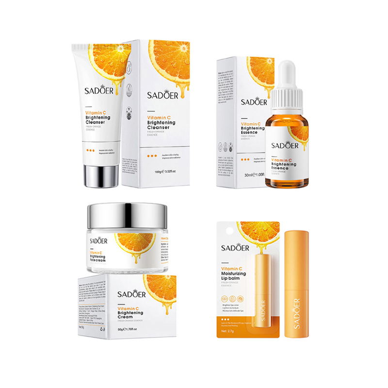 4 in 1 Vitamin C Serum,  Lip balm，Vitamin C Brightening Facial Cleanser and Vitamin C Face Brightening Cream Skin Care Kit Anti Wrinkles,Moisturizing, Anti Aging, Fade Dark Spots, Anti Acne Brightenin