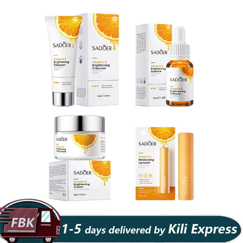 4 in 1 Vitamin C Serum,  Lip balm，Vitamin C Brightening Facial Cleanser and Vitamin C Face Brightening Cream Skin Care Kit Anti Wrinkles,Moisturizing, Anti Aging, Fade Dark Spots, Anti Acne Brightenin