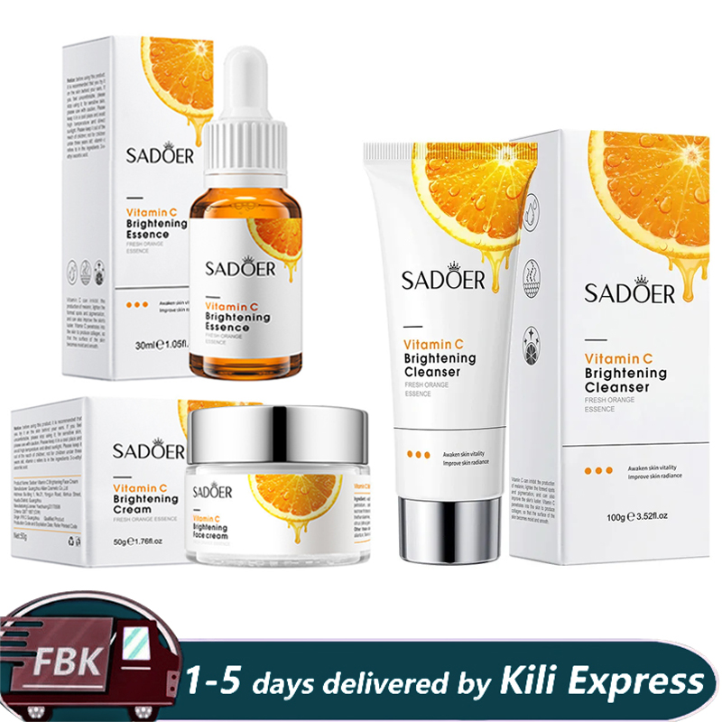 3 in 1 Vitamin C Serum, Vitamin C Brightening Facial Cleanser and VC Face Brightening Cream Skin Care Kit Anti Wrinkles, Moisturizing, Anti Aging, Fade Dark Spots, Anti Acne Cream+Vitamin C