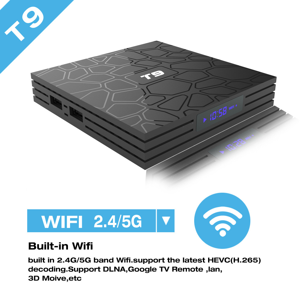 T9 Android 9.0 TV BOX 4G+64G RK3328 TVBox USB 3.0 2.4G+5G WiFi BT 4K HD Media Player TV Receiver