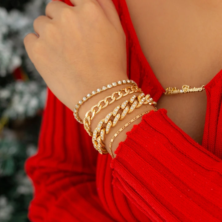 4 layers sets diamond jewelry stacked personalized street shooting suit hand decoration exaggerated thread twist alloy Cuban buckle bracelet
