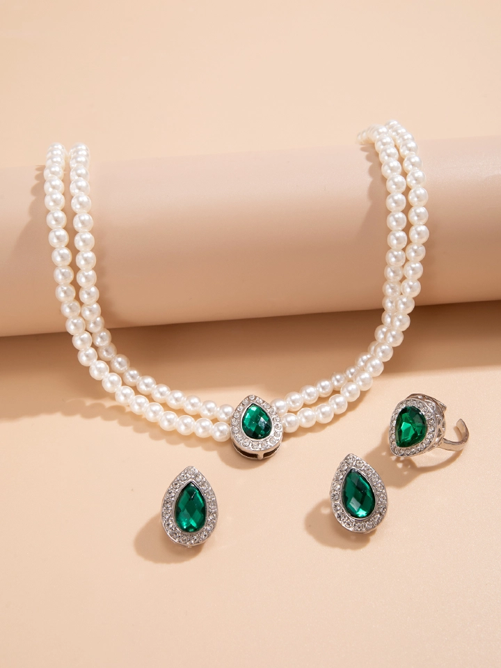 3pcs/set Fashion women Jewelry 2024 new item retro imitation pearl multi-layer choker green rhinestone light luxury French necklace for women