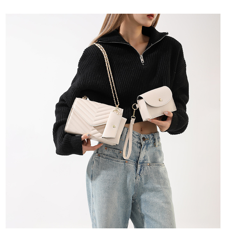 3pcs Women Bags 2024 New spring and summer new trendy simple crossbody bag ins chain sewing thread small square bagOffwhite