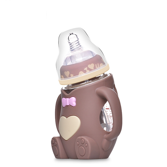 Cute Wide Mouth Feeding nursing milk baby’s glass bottle with handle and silicone protective cover