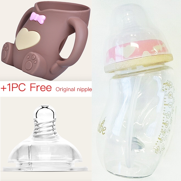 Cute Wide Mouth Feeding nursing milk baby’s glass bottle with handle and silicone protective cover