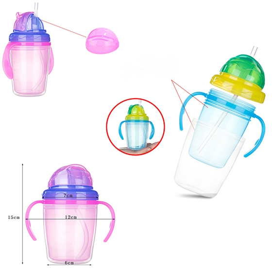 Cute Child PP Double layer heat insulation Silicone baby water drinking cup bottle with handle
