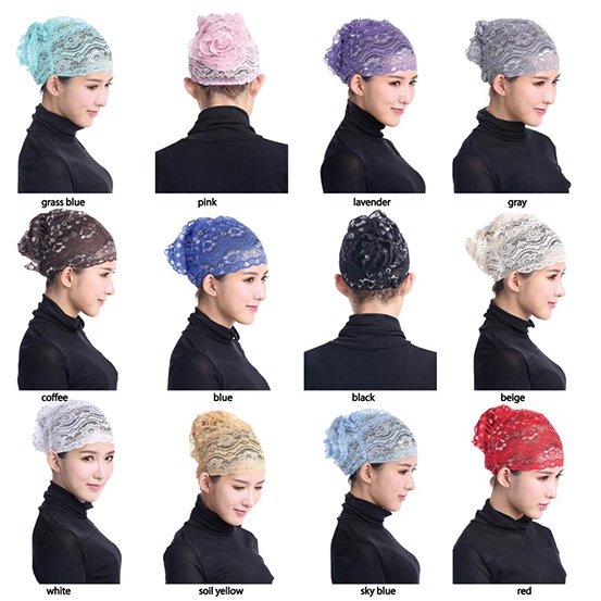 Stretch Elastic Adjustable Fashion Muslim Shiny Lace Hijab Khimar Inner Cap Flower cap