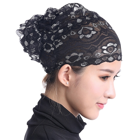 Stretch Elastic Adjustable Fashion Muslim Shiny Lace Hijab Khimar Inner Cap Flower cap