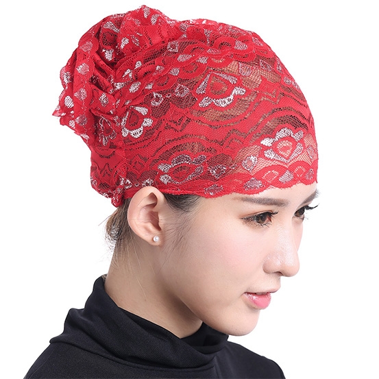 Stretch Elastic Adjustable Fashion Muslim Shiny Lace Hijab Khimar Inner Cap Flower cap