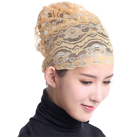 Stretch Elastic Adjustable Fashion Muslim Shiny Lace Hijab Khimar Inner Cap Flower cap