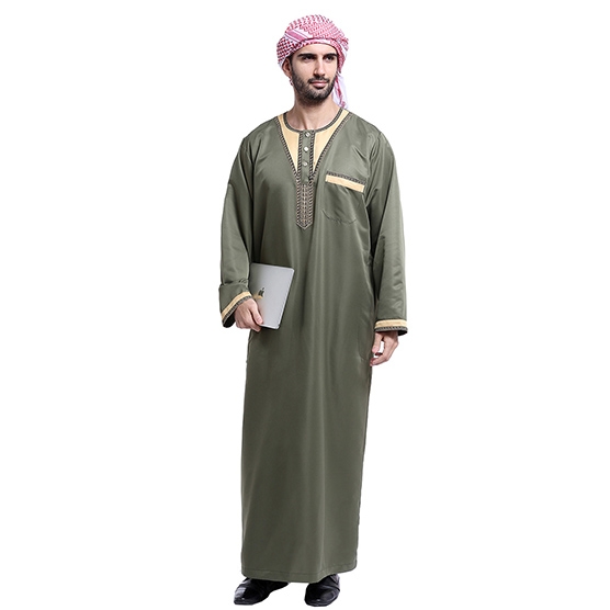 Muslim Embroidery Round collar Long sleeves Arab Men Thobe Thawb Caftan clothes dress Shirts