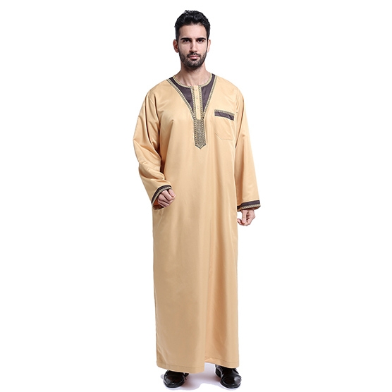 Muslim Embroidery Round collar Long sleeves Arab Men Thobe Thawb Caftan clothes dress Shirts