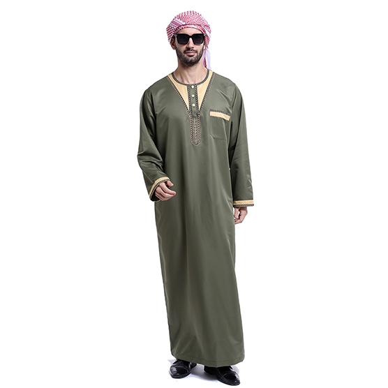 Muslim Embroidery Round collar Long sleeves Arab Men Thobe Thawb Caftan clothes dress Shirts