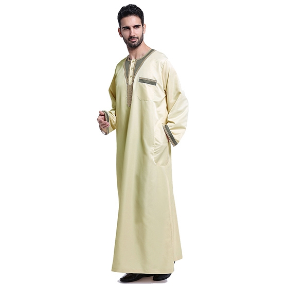 Muslim Embroidery Round collar Long sleeves Arab Men Thobe Thawb Caftan clothes dress Shirts
