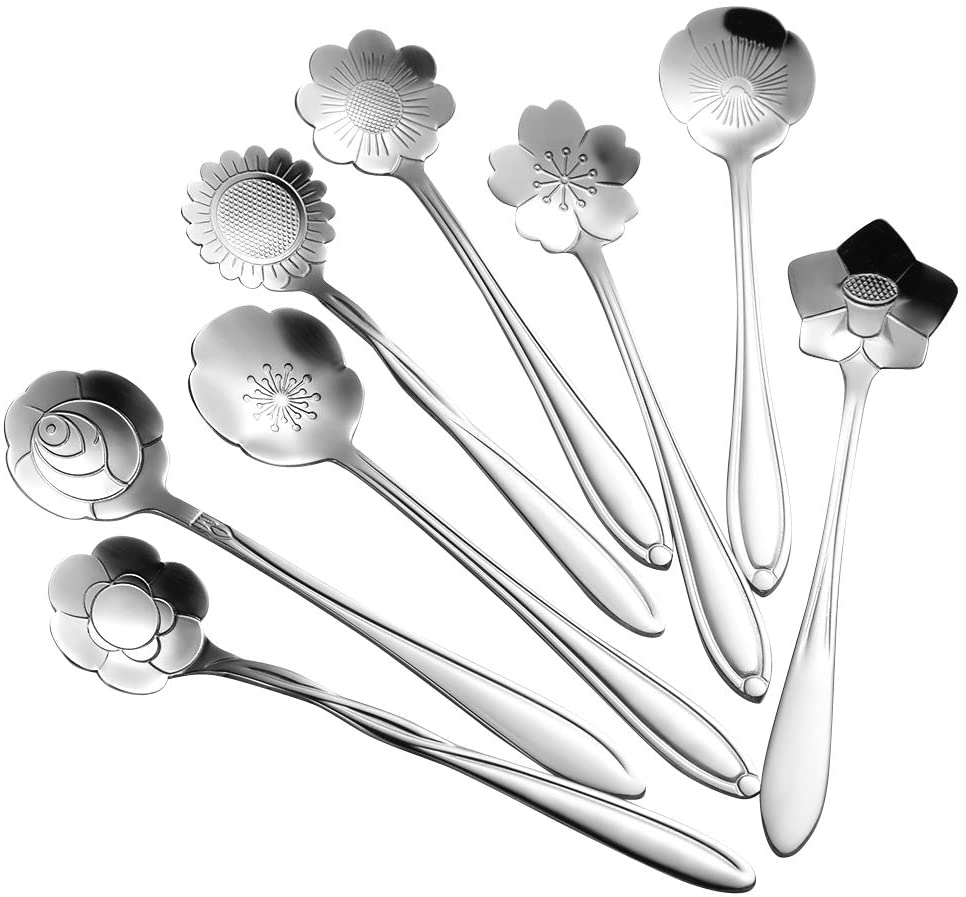 8 Pcs Flower Spoon Set Stainless Steel Tea Stirring Scoops Dessert Cake Ice Cream Spoons Tableware