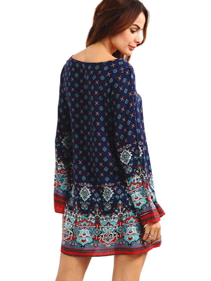 Amazon Print Large Size Loose-fitting Flower Ring Collar Bell Sleeve Dress