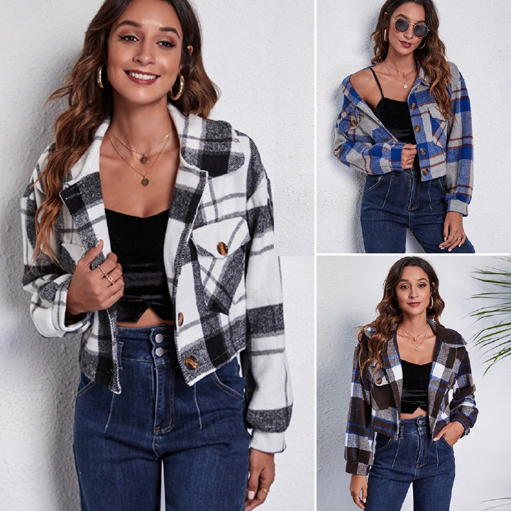 Plaid lantern sleeves long-sleeved short woolen jacket jacket autumn and winter