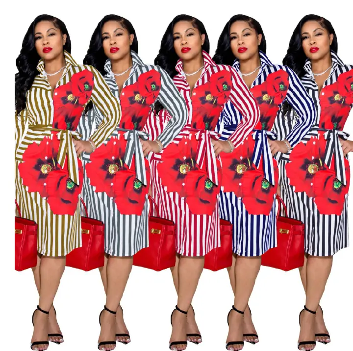 European and American fashionable sexy V-neck stripe print single-breasted dress with waist rope