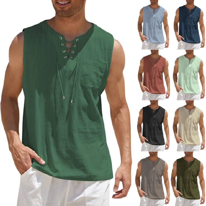 The new men's cotton and linen pure color fashion sleeveless lace-up casual shirts are popular in summer.