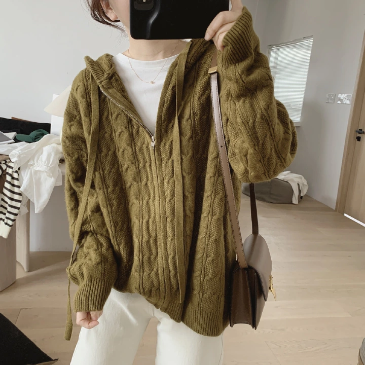 Women's Clothes Coats Wearing a hat soft  waxy sweater  coat cardigan  women's autumn and winter new loose and thin twist small fresh zipper knitted sweater women