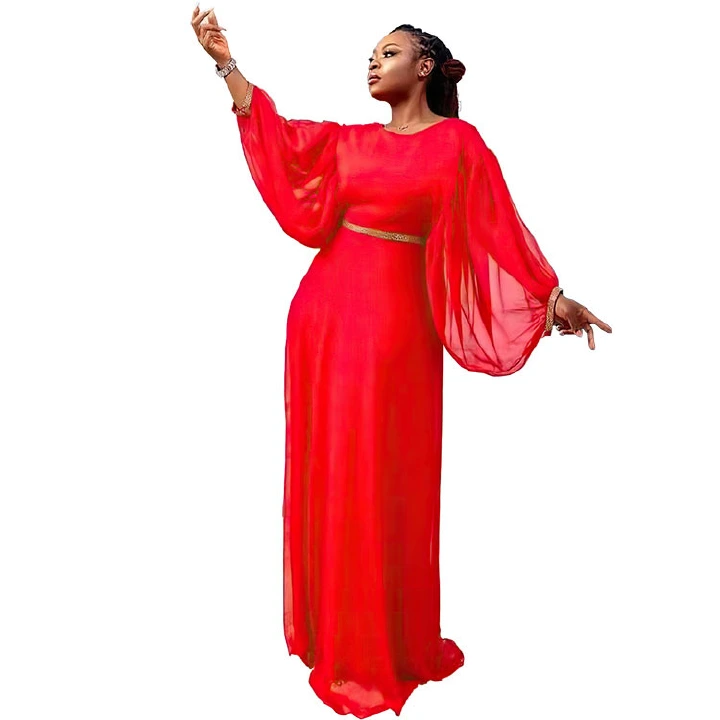 Women's Clothes   Evening Dresses Popular banquet skirt lantern long sleeve round neck backless Chiffon Dress