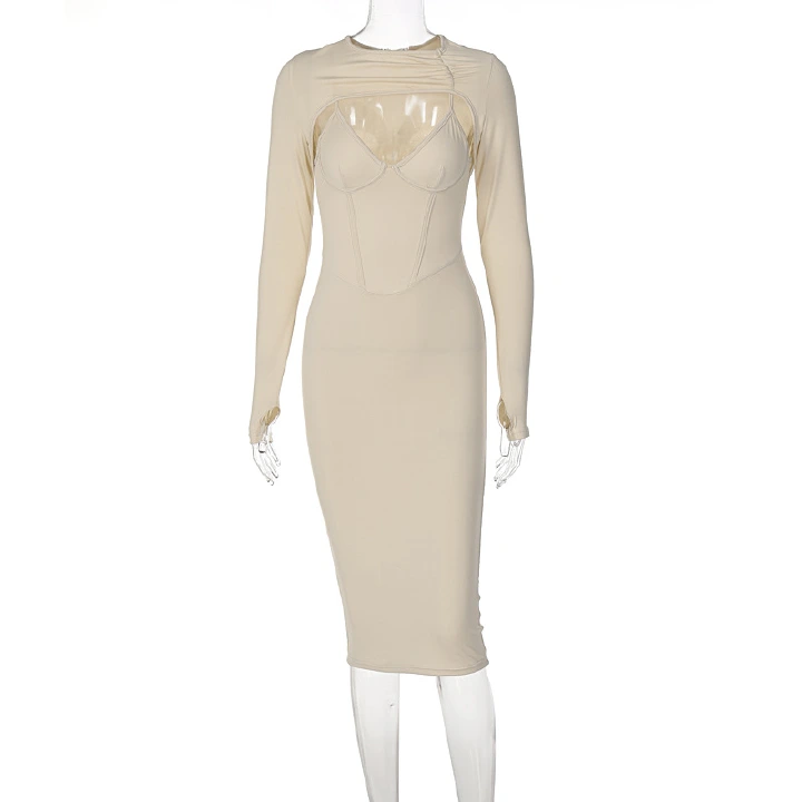 Women's solid color long sleeved slim dress, fashionable sexy hollow buttock dress