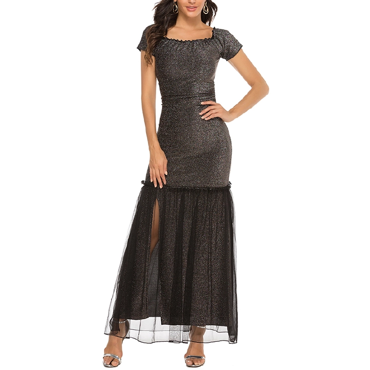 European and American women's dress gold and silver silk high-flapped one-word collar dress high forked elegant evening dress