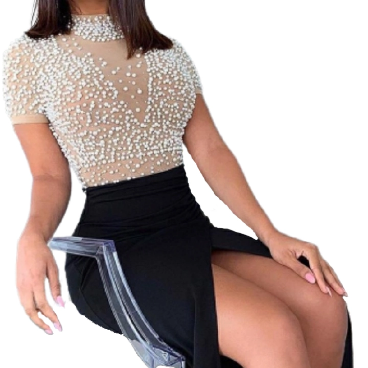 Sheer Mesh Beaded Slit Evening Dress