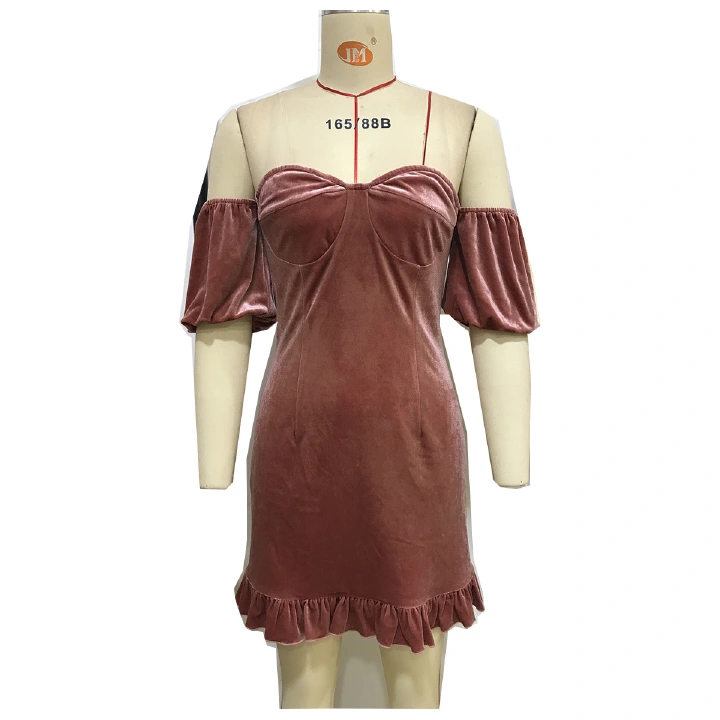 New small fragrance pink skirt canary velvet solid color French dress with breast wrap