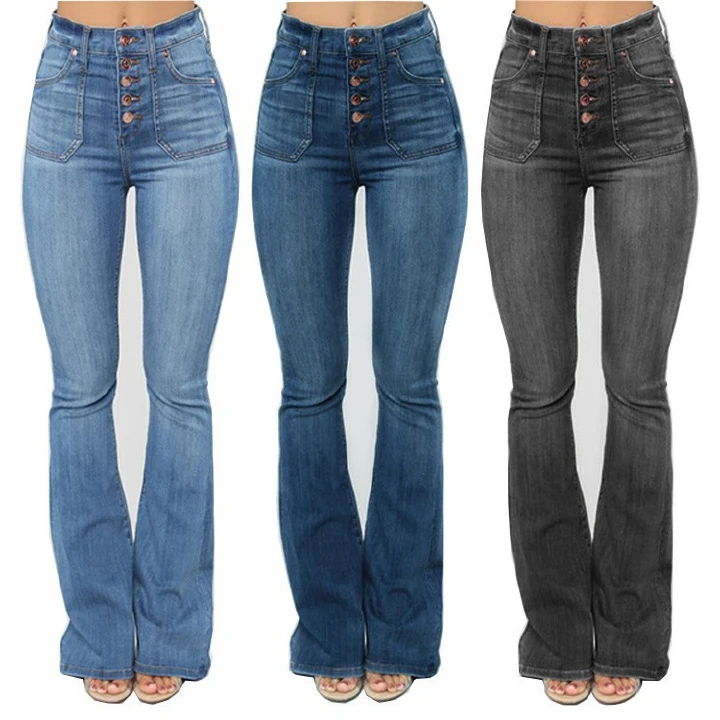 Spot Europe and America cross-border  women's jeans patch bag wash nail buckle show thin denim long pants woman