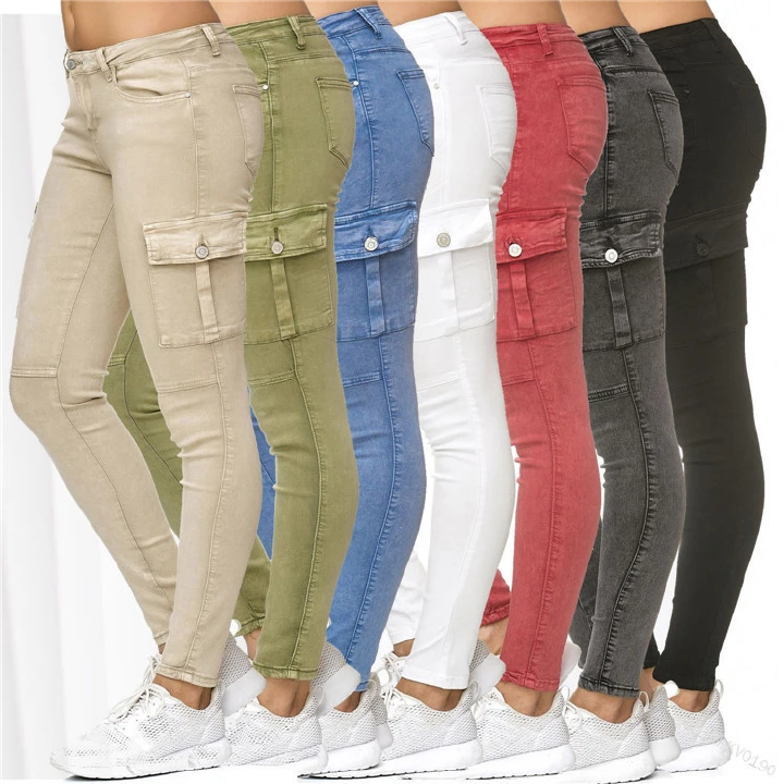 Spring 2022 new wish European and American jeans side three-dimensional pocket tight leg pants women's pants