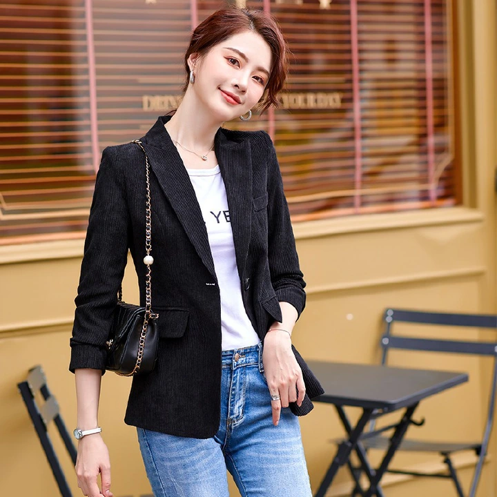 Autumn and winter corduroy small suit jacket women's striped velvet suit Korean version retro fashion temperament