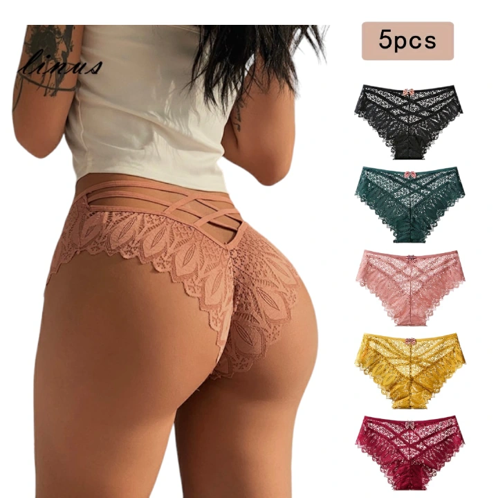 5pcs Sexy Floral Lace Bow Tie Panties Criss Cross Hollow Out Scallop Trim Panties G String Underpant for Women Ladies