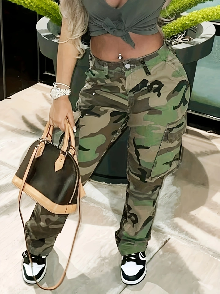 High Waist Straight Camouflage Cargo Jeans Medium Stretch Side Flap Pocket High Rise Pants Women's Cargo Pants