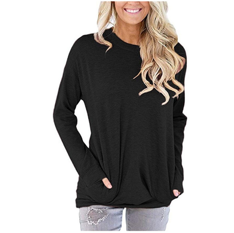 Colourful Womens Baggy Splicing Pocket Hit Color Leisure Long Sleeve T-Shirt Top