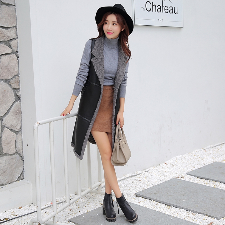 2021 new winter vest plus velvet padded pu leather lapel long clip jacket