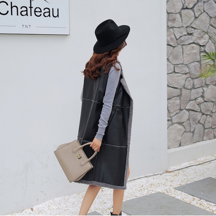 2021 new winter vest plus velvet padded pu leather lapel long clip jacket