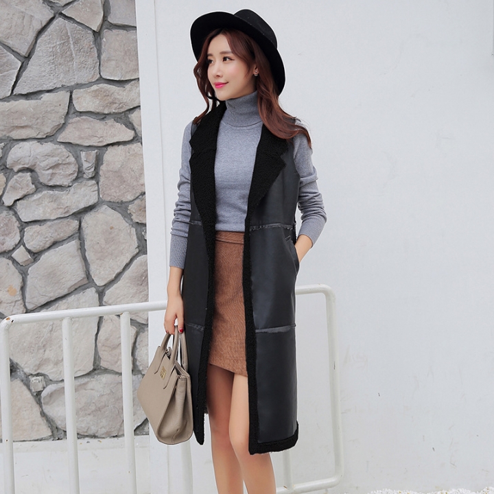 2021 new winter vest plus velvet padded pu leather lapel long clip jacket
