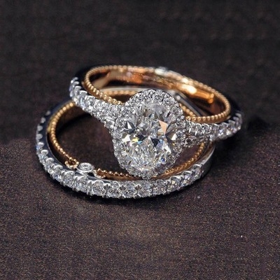 Genuine Sterling Silver Rings Set Luxury Oval White Sapphire Two Tone 14K Solid Rose Gold Diamond