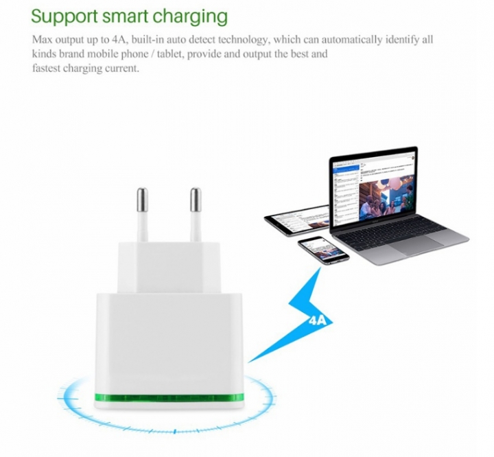 4 USB Phone Charger 5V 4A USB Charge Adapter With LED Light For iPhone Samsung  All Kind MobilePhone