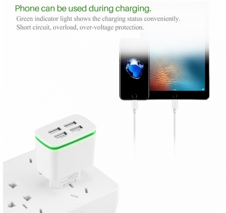 4 USB Phone Charger 5V 4A USB Charge Adapter With LED Light For iPhone Samsung  All Kind MobilePhone