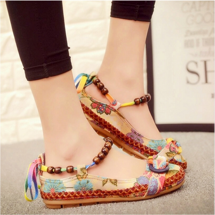 Women Cotton Lace Up Beading Round Toe Comfortable Flats Colorful Loafers Shoes Size 35-42
