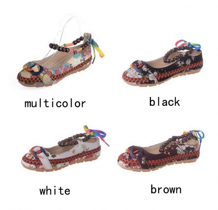 Women Cotton Lace Up Beading Round Toe Comfortable Flats Colorful Loafers Shoes Size 35-42