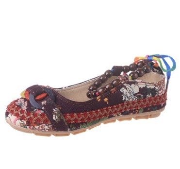 Women Cotton Lace Up Beading Round Toe Comfortable Flats Colorful Loafers Shoes Size 35-42