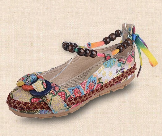 Women Cotton Lace Up Beading Round Toe Comfortable Flats Colorful Loafers Shoes Size 35-42