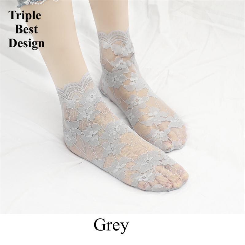 5Pairs Different Colors Crystal Lace Socks Summer Women's clothing Transparent Lace Silk Flower Girls Elastic medium-tube Cotton Bottom Casual Socks&Hosiery Women Non-slip heel Invisible Lace socks