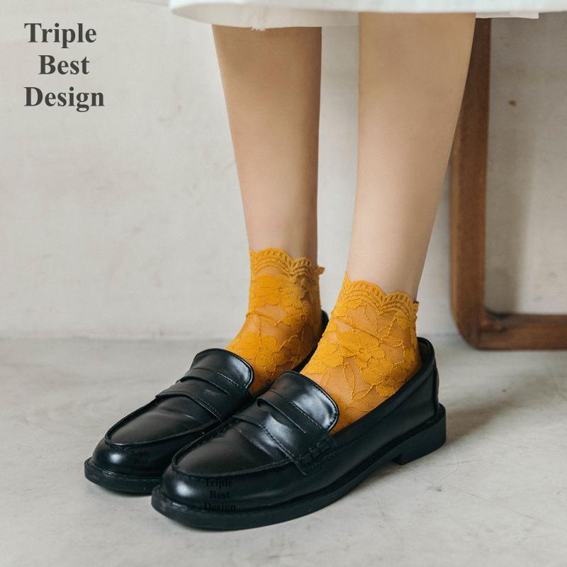 5Pairs Different Colors Crystal Lace Socks Summer Women's clothing Transparent Lace Silk Flower Girls Elastic medium-tube Cotton Bottom Casual Socks&Hosiery Women Non-slip heel Invisible Lace socks