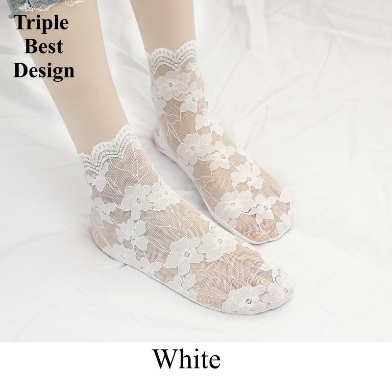 5Pairs Different Colors Crystal Lace Socks Summer Women's clothing Transparent Lace Silk Flower Girls Elastic medium-tube Cotton Bottom Casual Socks&Hosiery Women Non-slip heel Invisible Lace socks