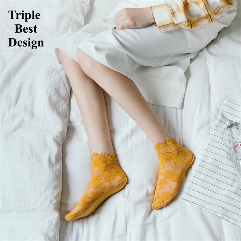 5Pairs Different Colors Crystal Lace Socks Summer Women's clothing Transparent Lace Silk Flower Girls Elastic medium-tube Cotton Bottom Casual Socks&Hosiery Women Non-slip heel Invisible Lace socks