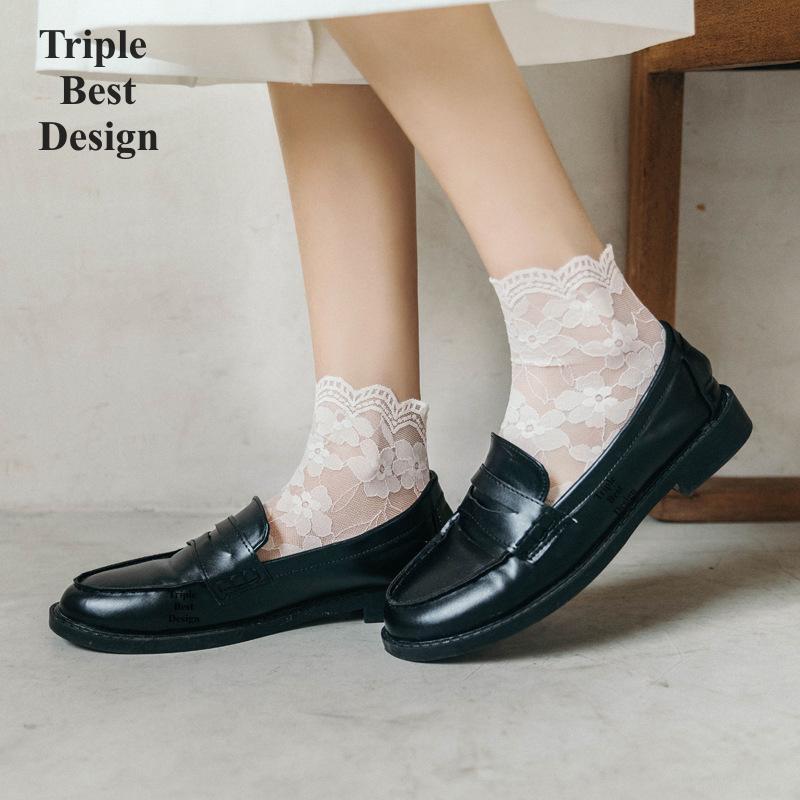 5Pairs Different Colors Crystal Lace Socks Summer Women's clothing Transparent Lace Silk Flower Girls Elastic medium-tube Cotton Bottom Casual Socks&Hosiery Women Non-slip heel Invisible Lace socks